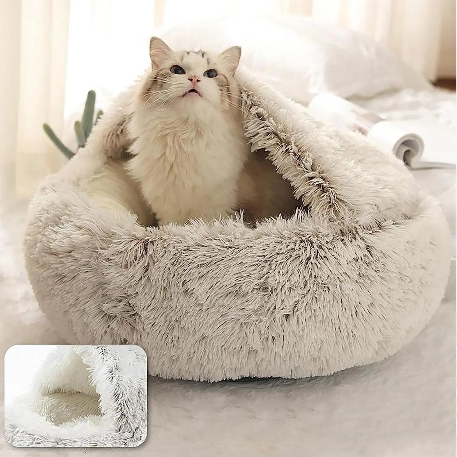 Soft Plush Pet Bed with Cover round Cat Bed Pet Mattress Warm Cat Dog 2 in 1 Sleeping Nest Cave for Small Dogs